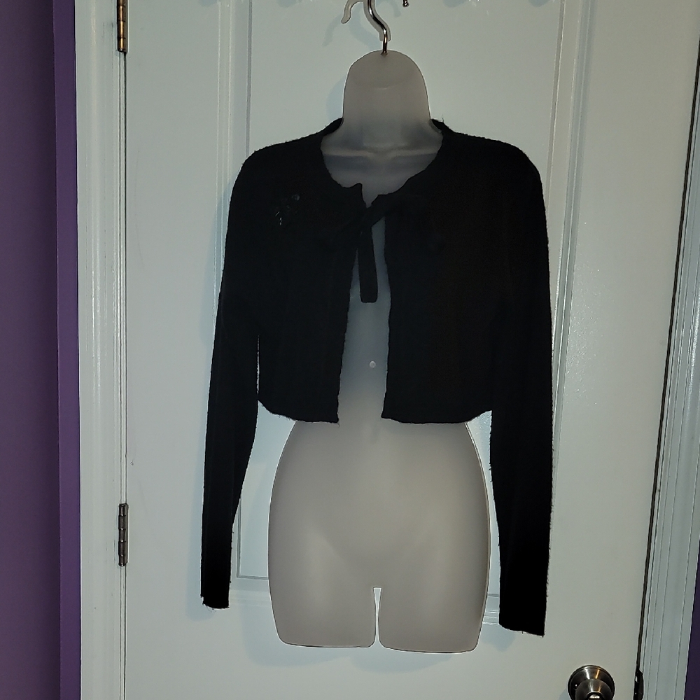 Bogari Black Women's Crop Style Tie Front Cardigan Sz: L